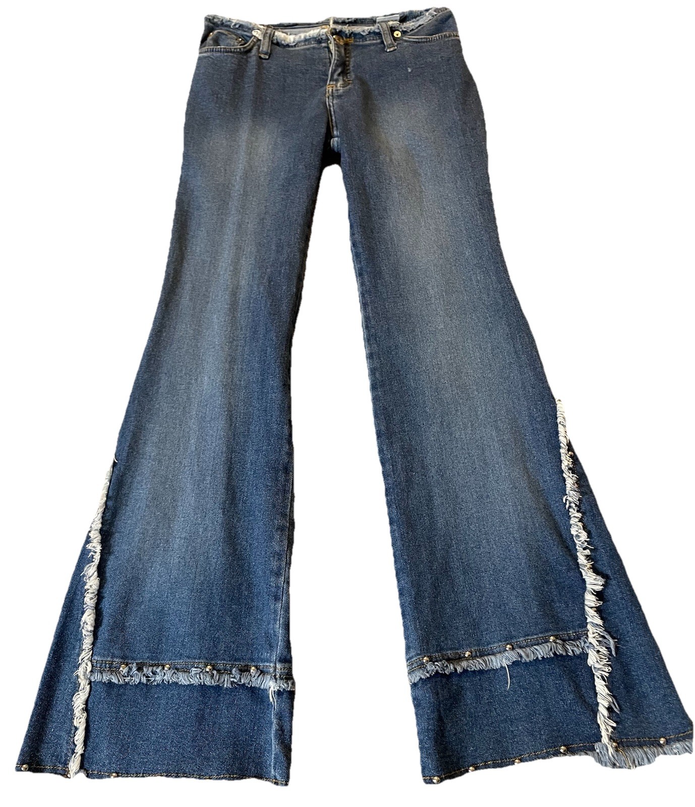 90s Y2K Frayed Flared Jeans Juniors Sz 7 Studded Blue Denim Low Rise Boho Hippie