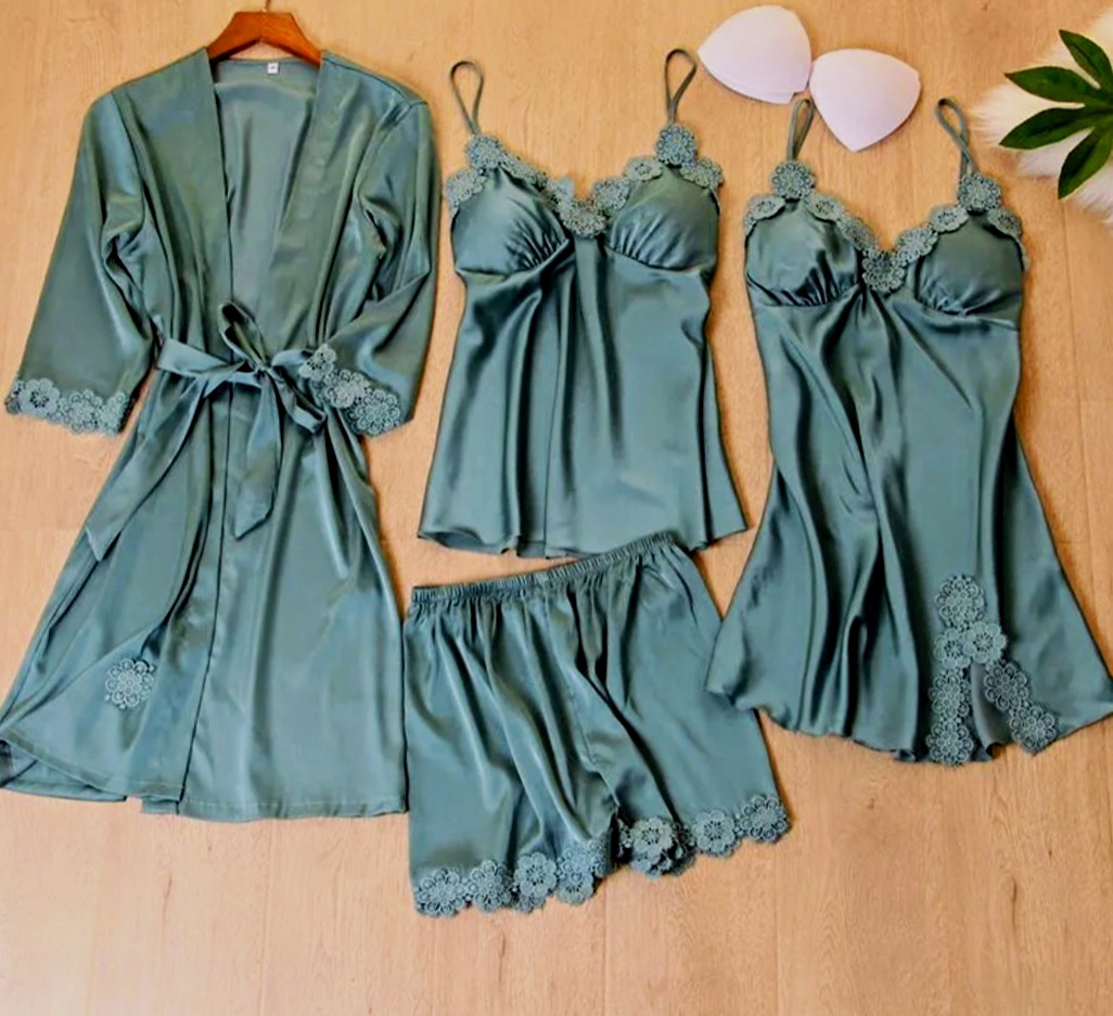 Women’s Green Satin Lace 4-Piece Pajama Set Robe V-Neck 3/4 Tie M