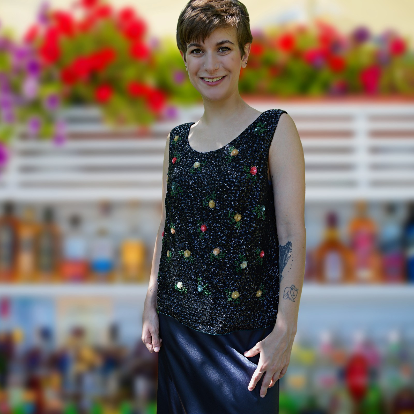 Black Sequin Top Vintage 1950s Cocktail Floral Holiday Party Tank Blouse L