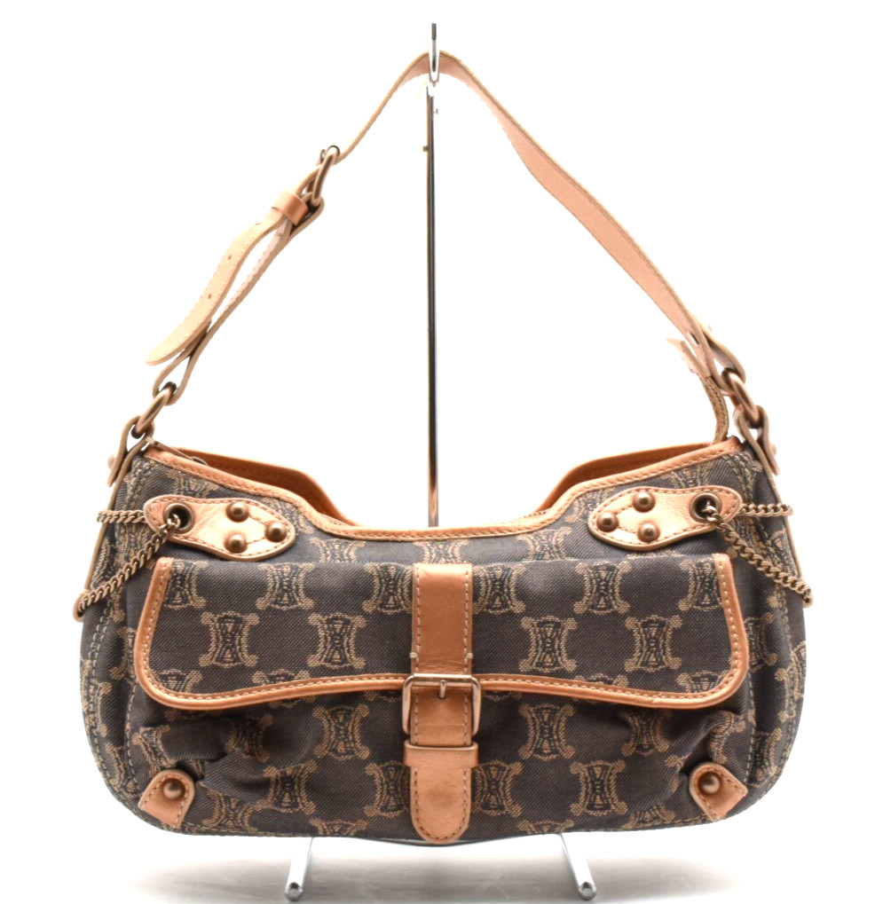 CELINE [Rank A] Paris Macadam One Shoulder Bag Purse Blue Metallic Auth