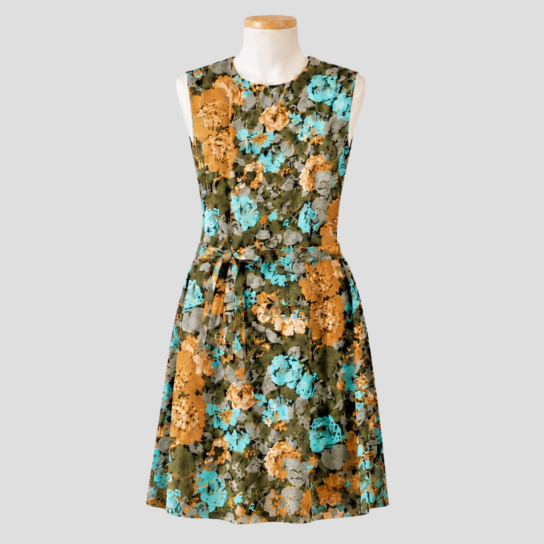 Vintage 1960s Linen A Line Midi Length Sleeveless Turquoise/Brown Print
