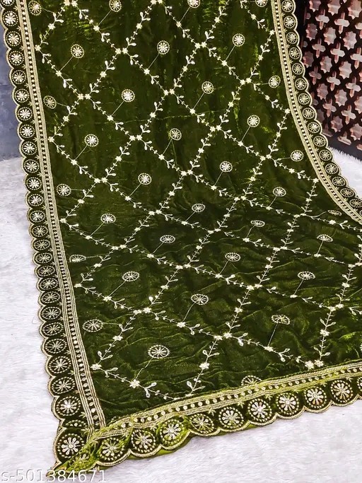 Green Embroidery Velvet Dupatta For Bride And Women Velvet Shawl Odhani Veil