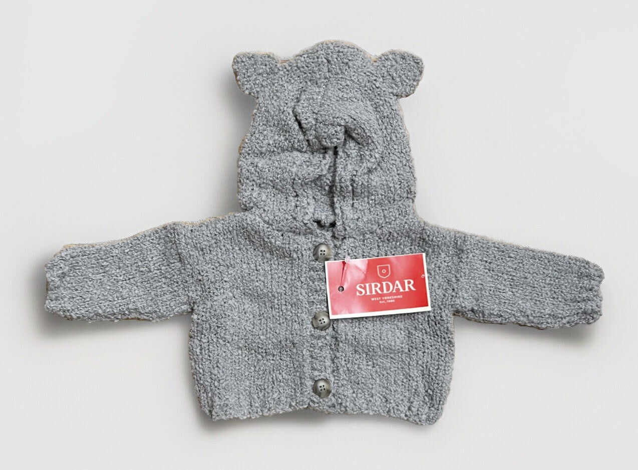 NWT~Vintage SIRDAR Snuggly Bouclette Wool Bl.Hand Knit Baby Hoodie 6-12 Mo Gray