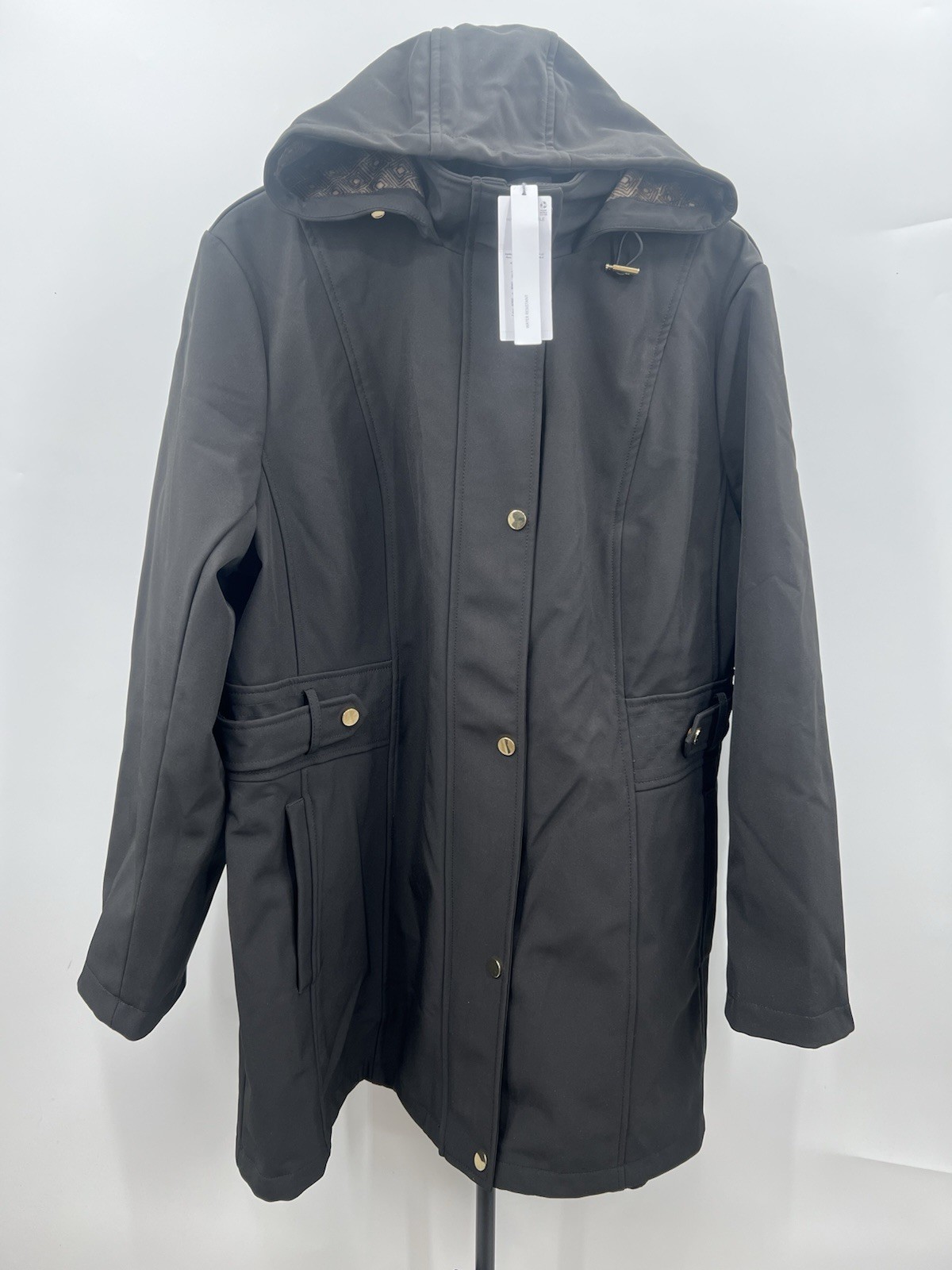 Liz Claiborne Jacket Womens Softshell Hooded Black Trench Gold Snap 1X