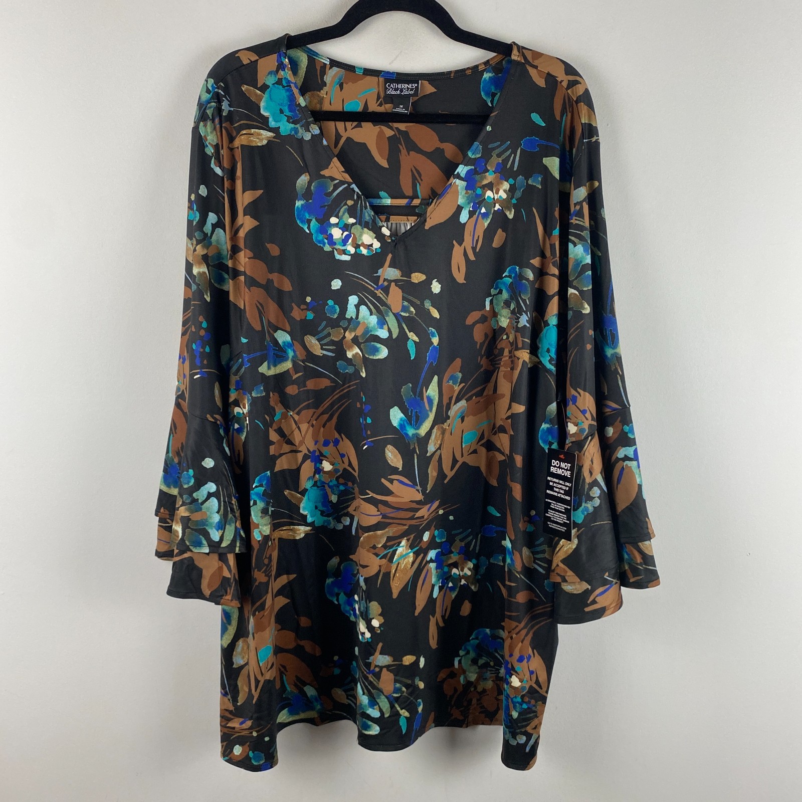 Catherines Dream Drape Bell Sleeve Top Size 3X Black Floral 3/4 Sleeves Stretch