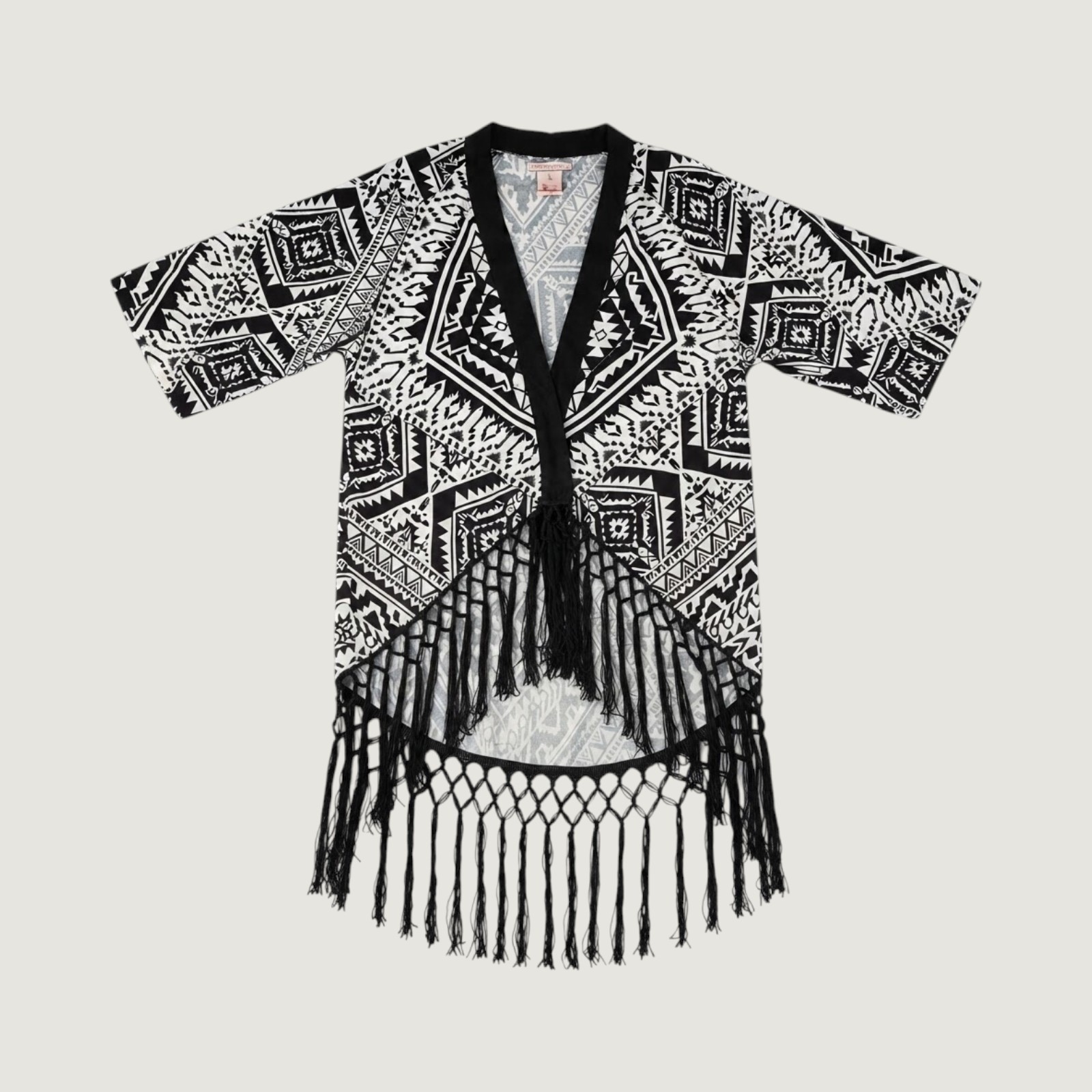 Flying Tomato Black White Geometric Tribal Fringe Kimono Cardigan IJ8550 Size M