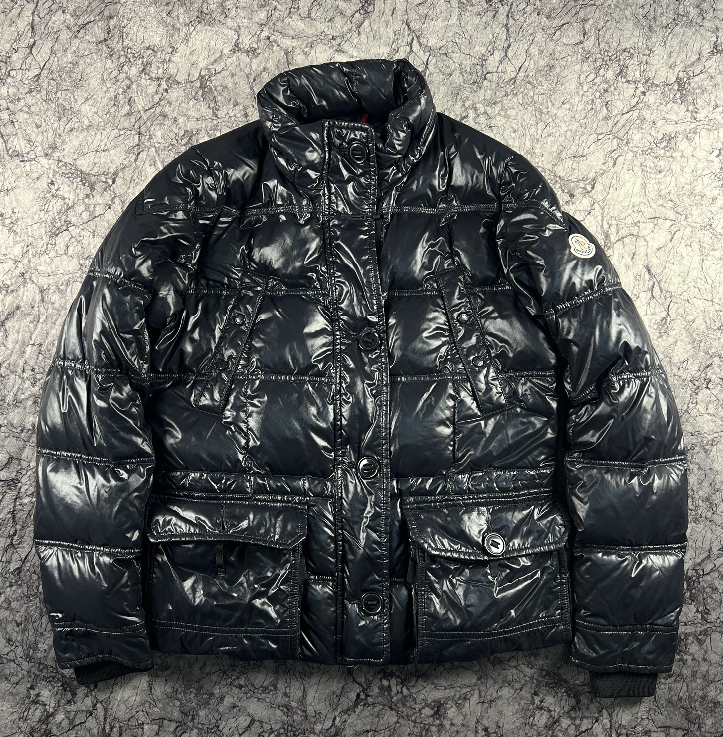 Moncler Women\'s Down Puffer Jacket Size 2 Black Shiny Nylon Button Flap Pockets