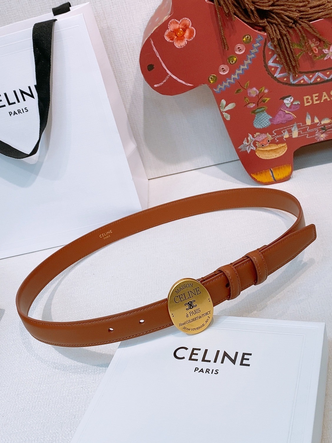 CELINE Paris Brown Leather Belt Gold Round Logo Buckle Luxury Women\'s Belt