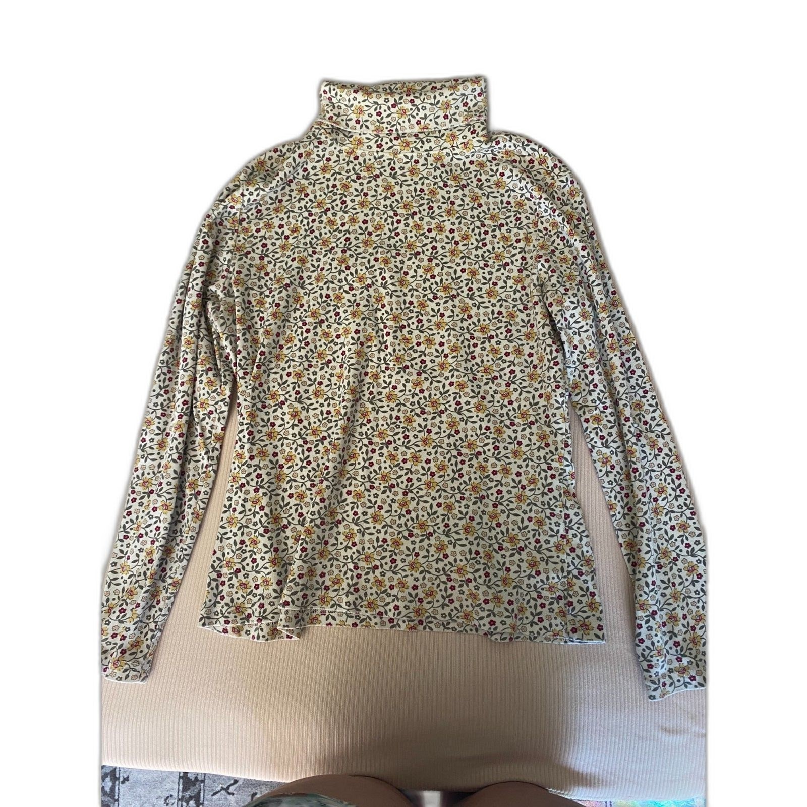 L.L. Bean Vintage Style Floral Ribbed Turtleneck Top Women\'s Size M