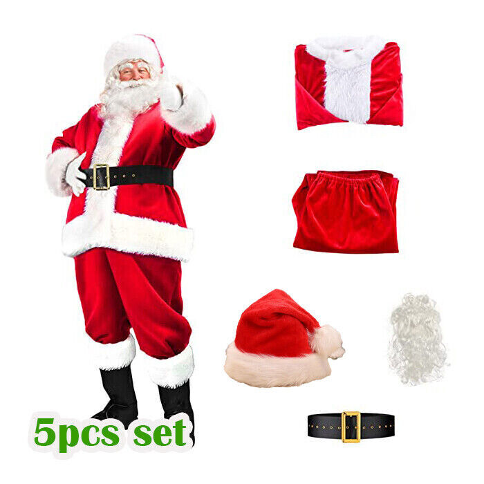 Merry Christmas Santa Claus Costume Suit 5pc Set Adult Cosplay Party Outfit Gift