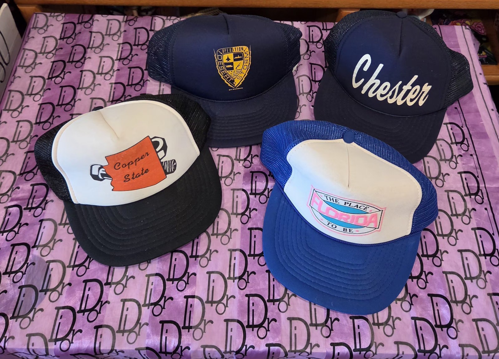 Lot of 4 Vintage Trucker Hats Mesh Snapback 80s 90s Desert Storm Florida Chester