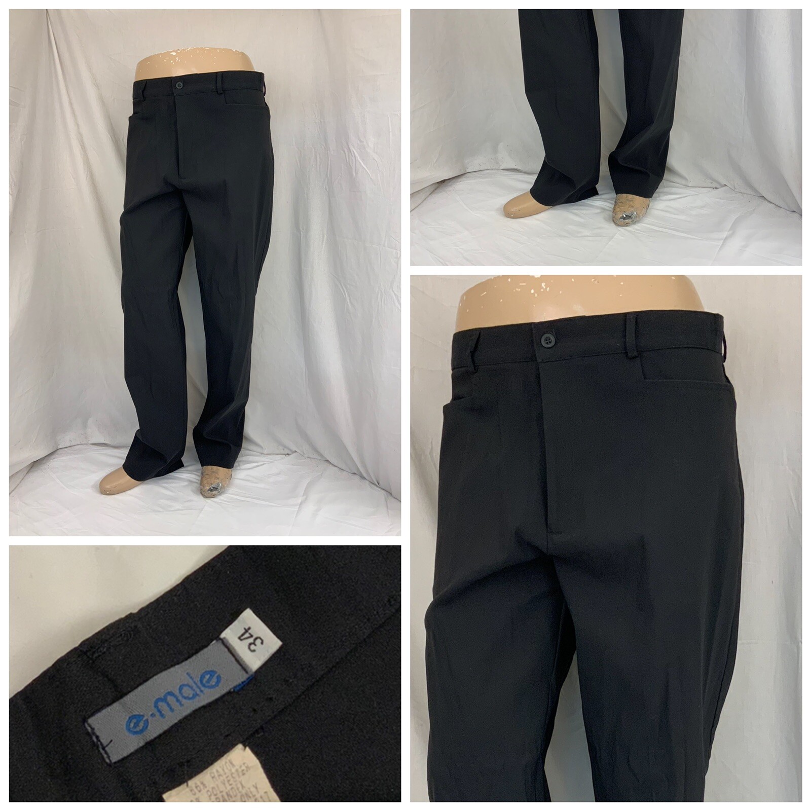 E Male Pants Men 34x32 Black Rayon Poly Stretch Flat Front Worn Once YGI P1-848