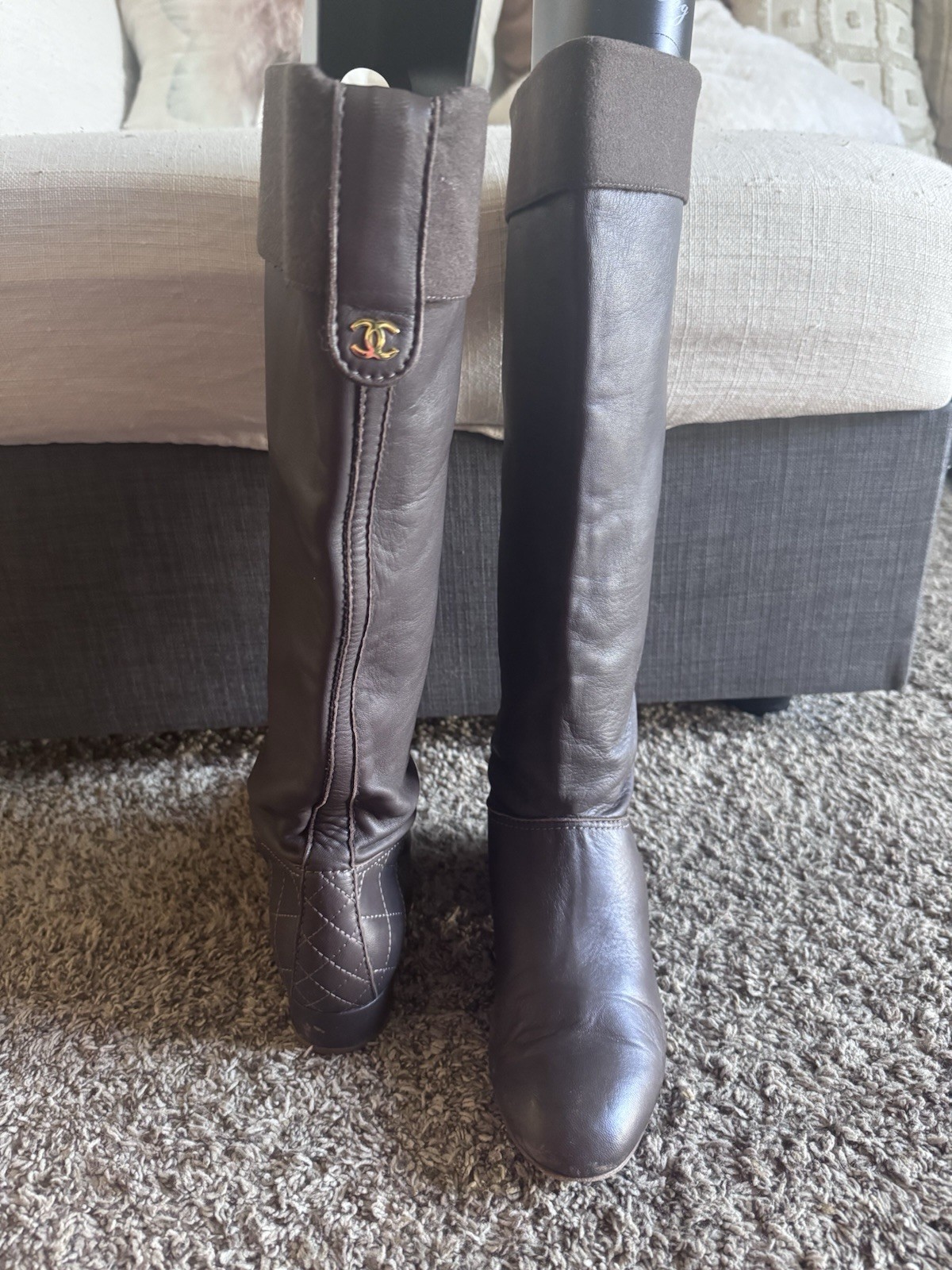 Chanel Y2K Women’s Dark Brown Lambskin Quilted Leather Boots Gold CC Size 37C