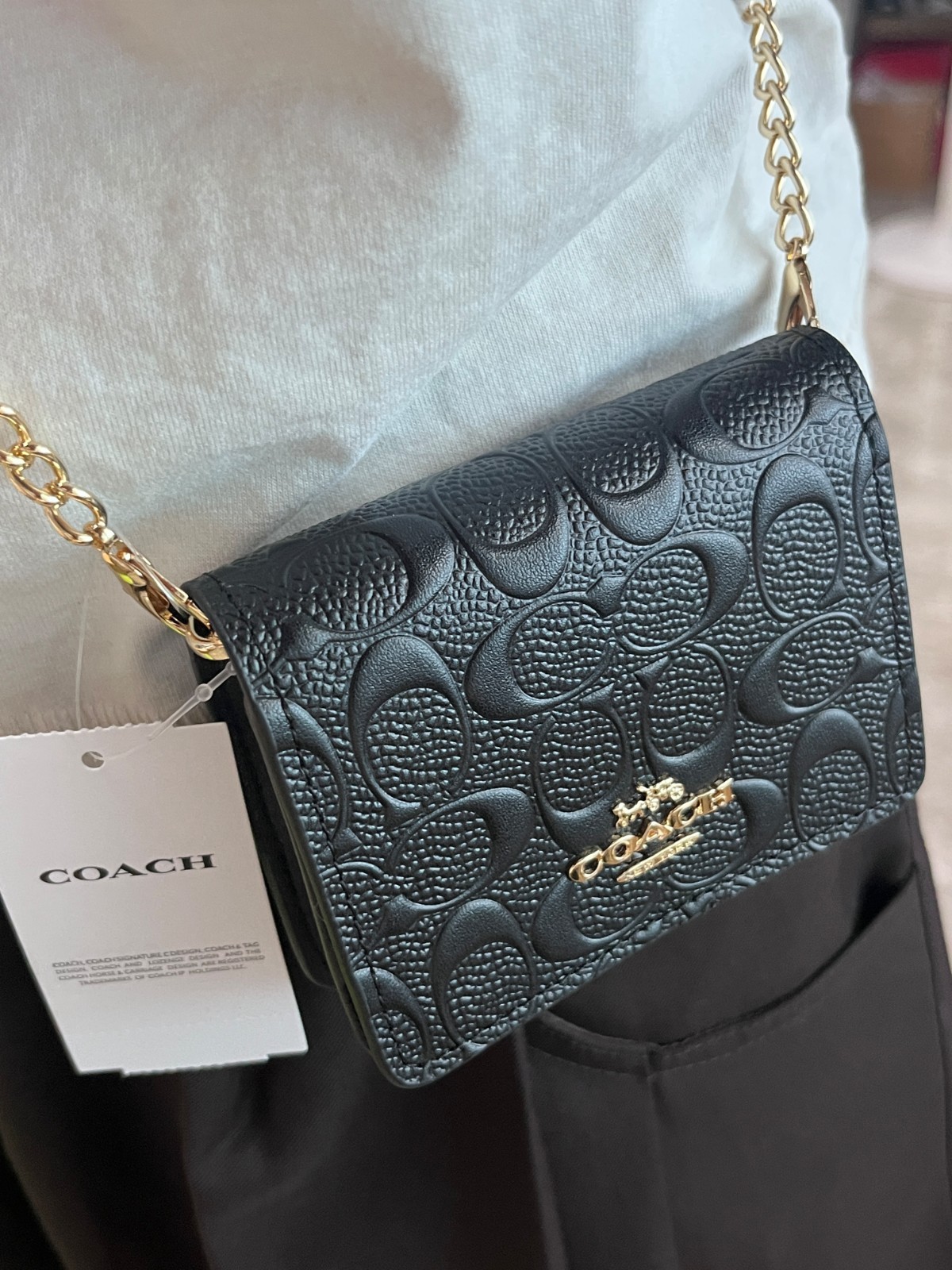 NEW Black COACH C7361 Mini Wallet on a Chain with In Signature Print Relief