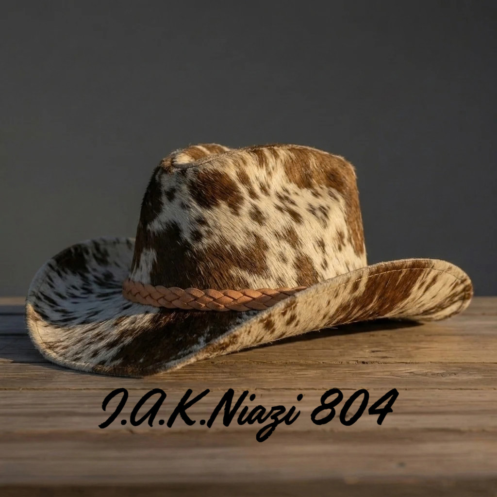 Handmade Genuine Cowhide Leather Cowboy Hat Brown White Western Hair on Hide