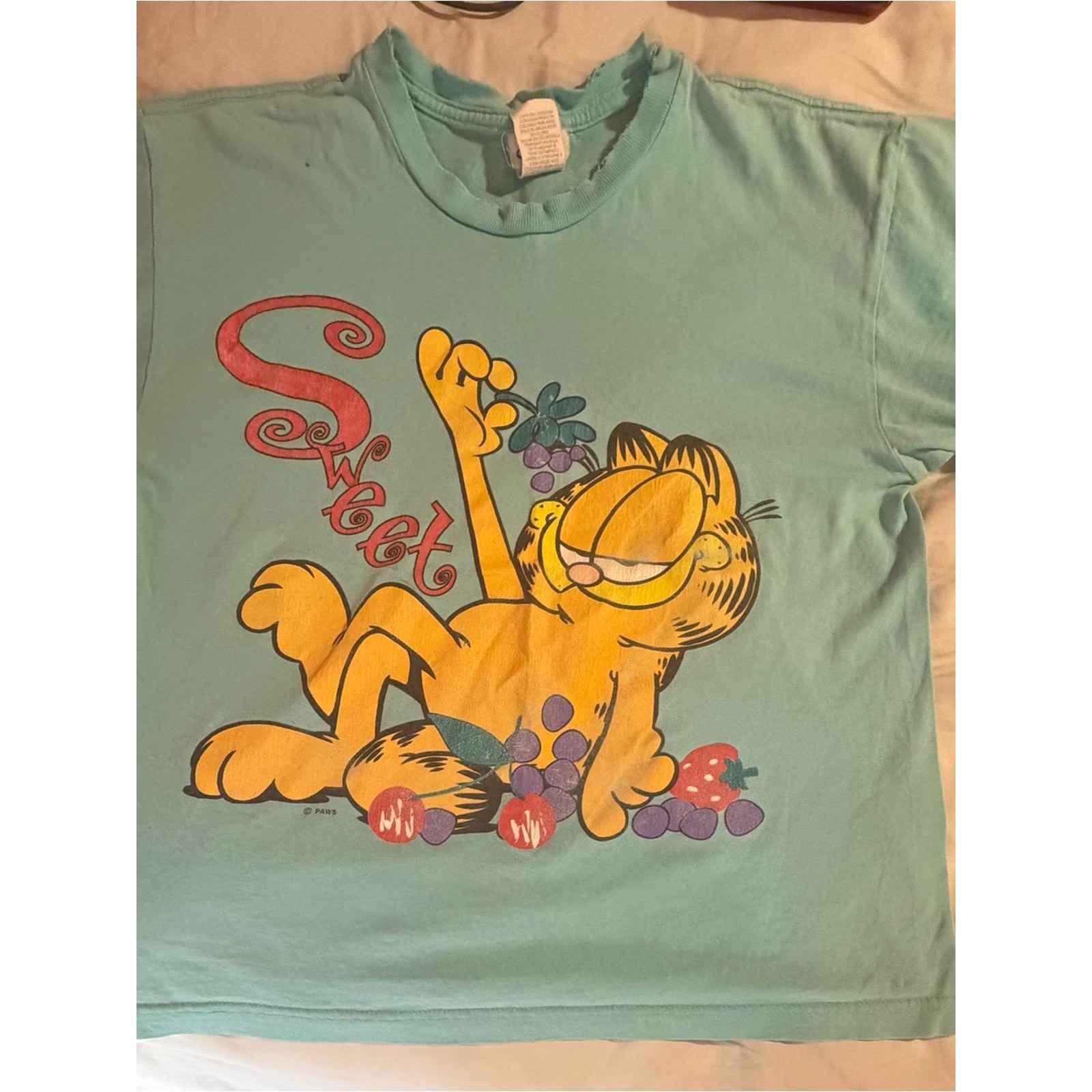 Vintage 1980s Garfield \'Sweet\' Flirts’ Brand Graphic Tee - Light Teal