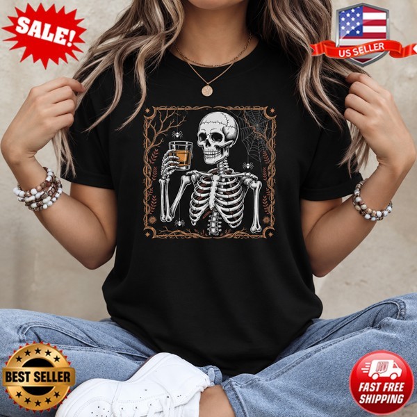Funny Skeleton Drinking Whiskey Halloween Shirt, Unisex Graphic Tee for Parties