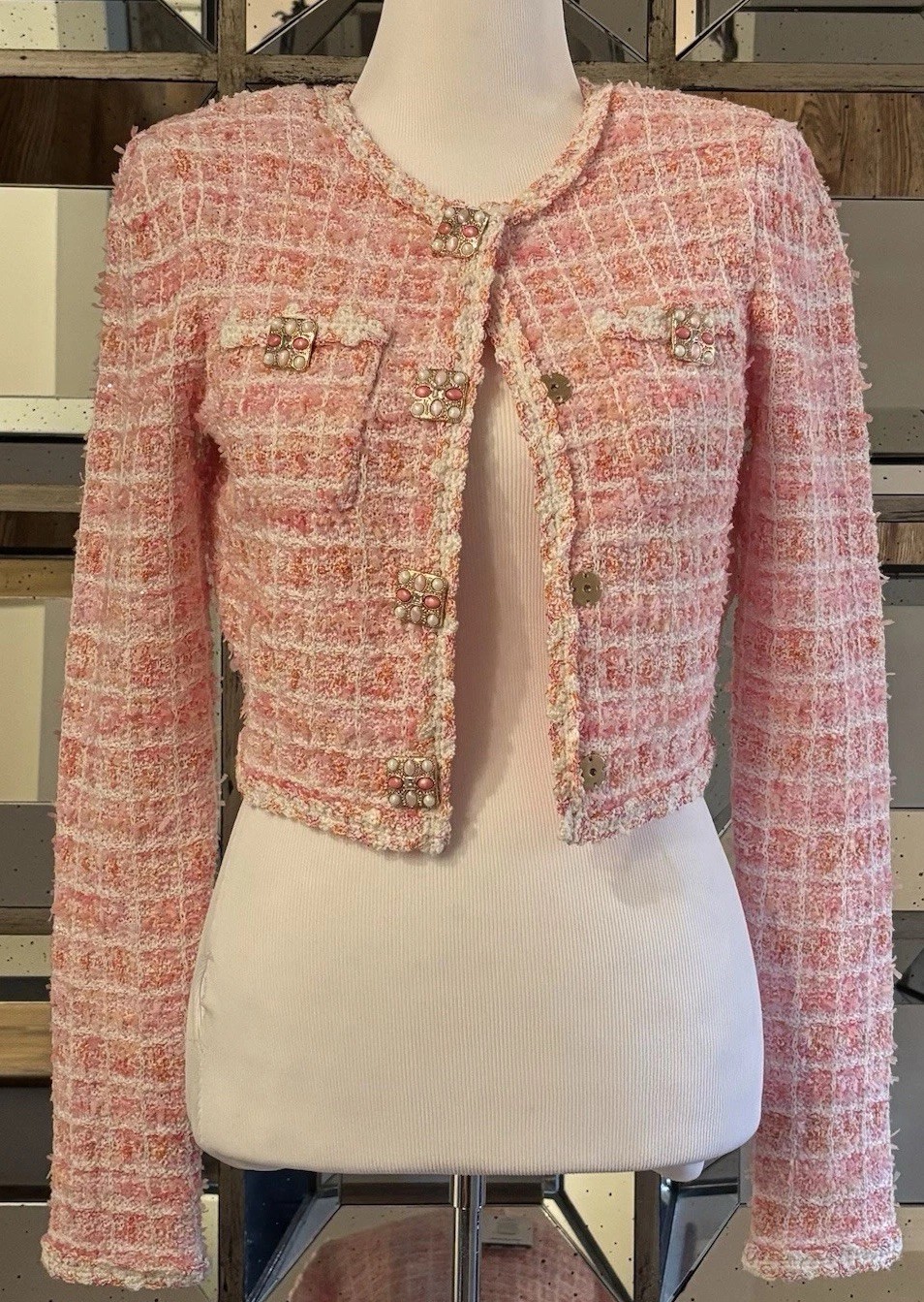 Self-Portrait Pink Check Knit Cardigan Blazer Jacket XS New W/Tags Retail $555.