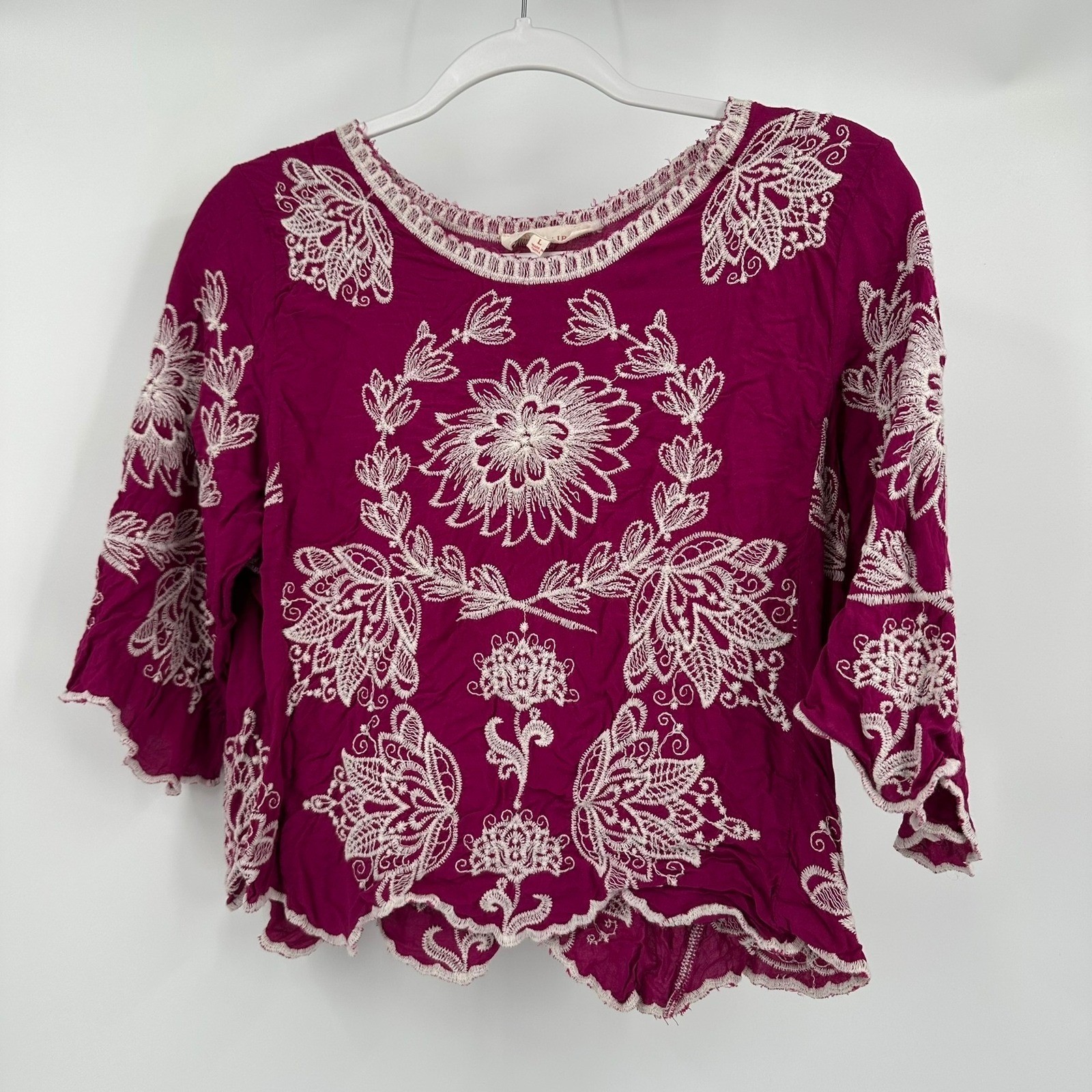 Womens Boho Peasant Top Size L Embroidered Folk Gypsy Feminine Romantic Magenta