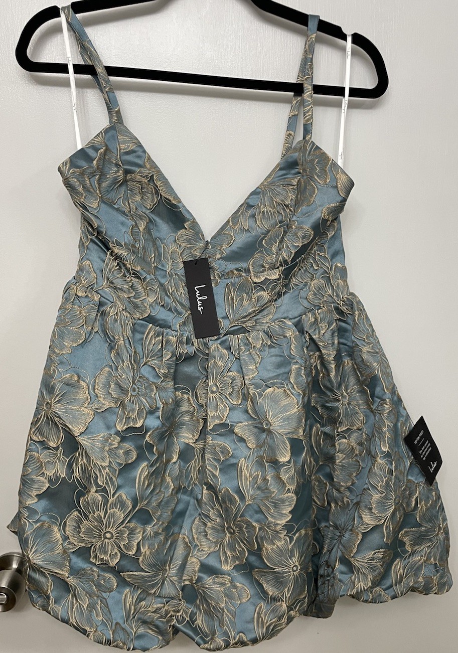 LULUS Dreamlike Aura Slate Blue Floral Jacquard Bubble-Hem Mini Dress NWT Size L