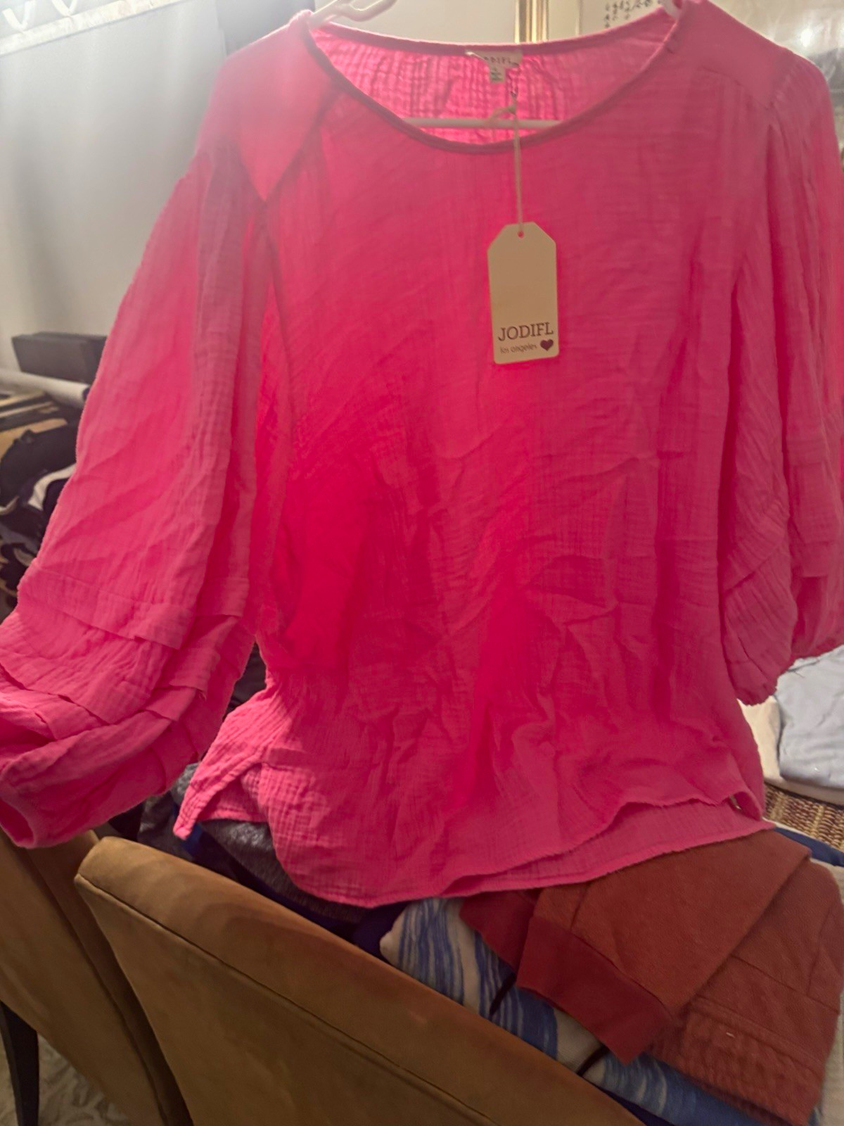 JODIFL Pink Solid Round Neck Long Sleeve Pullover Blouse Top Womens L Regular