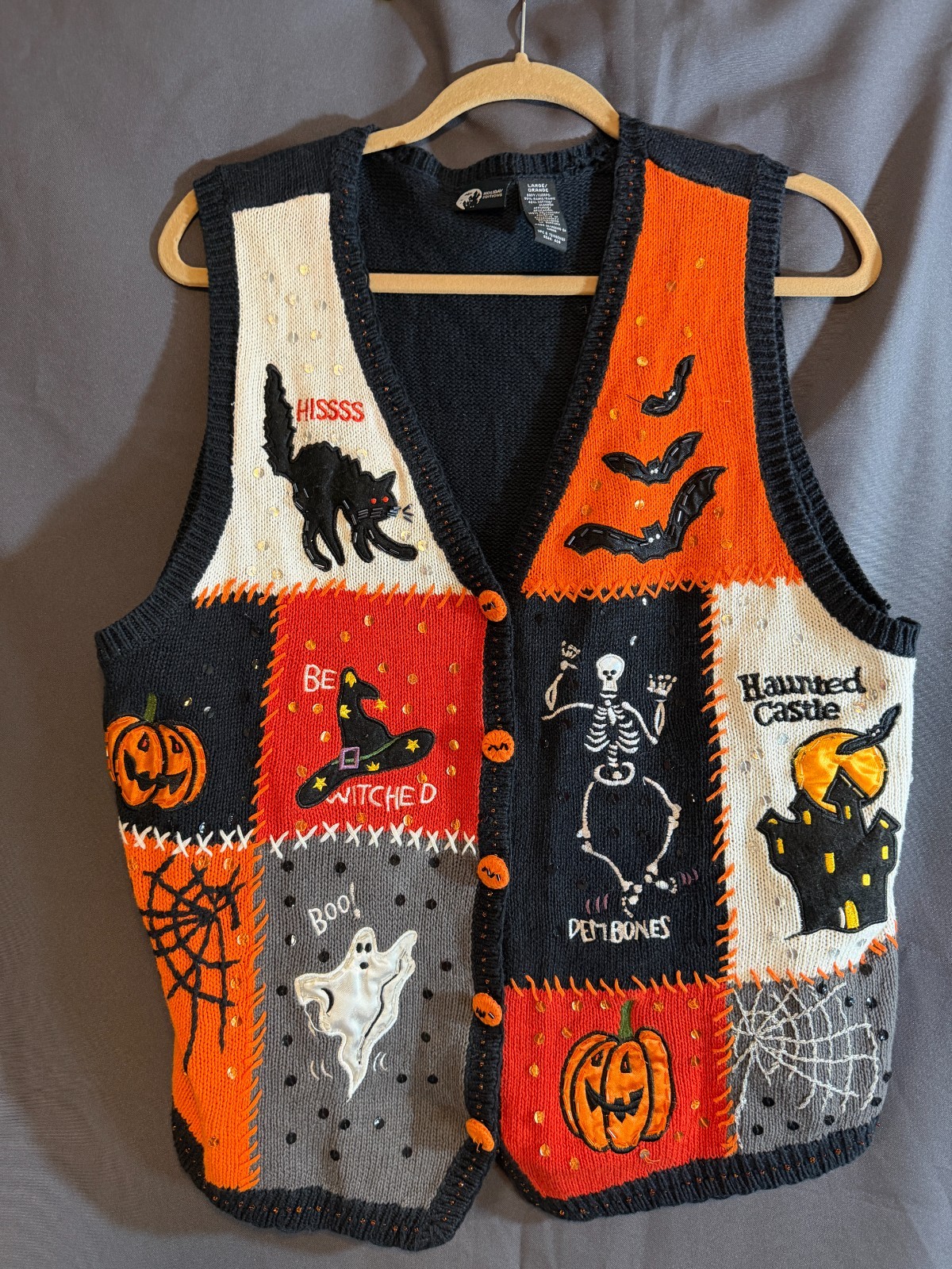 Vintage Holiday Editions UGLY HALLOWEEN SWEATER VEST - Women\'s L - Pumpkin Ghost