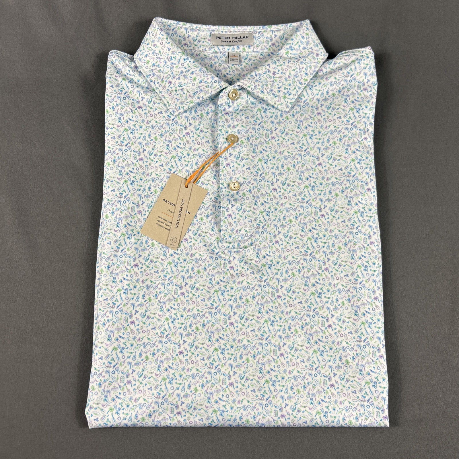 Peter Millar Golf Shirt Polo CS Summer Comfort Island Jammin Print XL White NWT