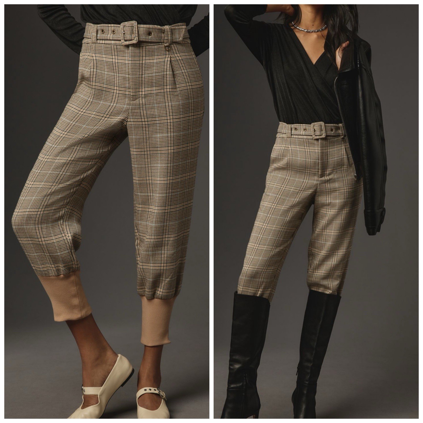 Anthropologie Maeve Boot Tuck Knit Trousers Brown Plaid Women 12 Equestrian Chic