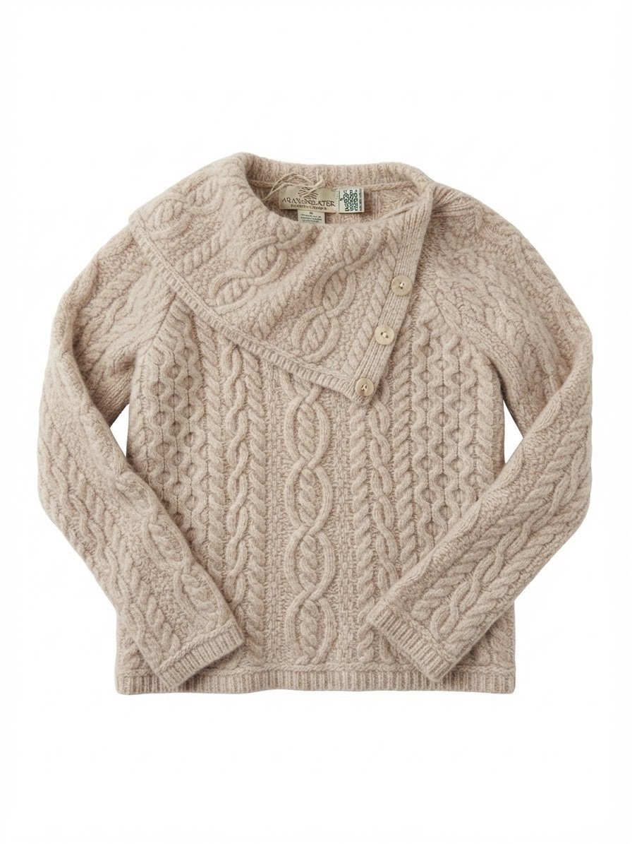 Aran Sweater Market 100% Merino Wool Button Cowl Neck Cable Knit Sweater