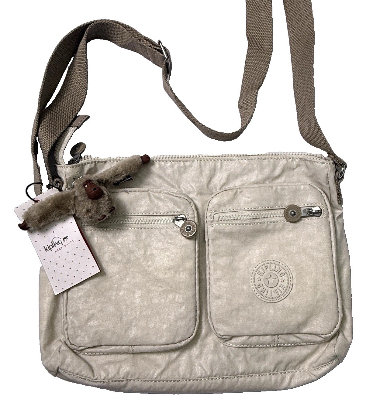 Kipling Coralie Beige Nylon Crossbody Bag Purse Zip Monkey Charm Medium With Tag