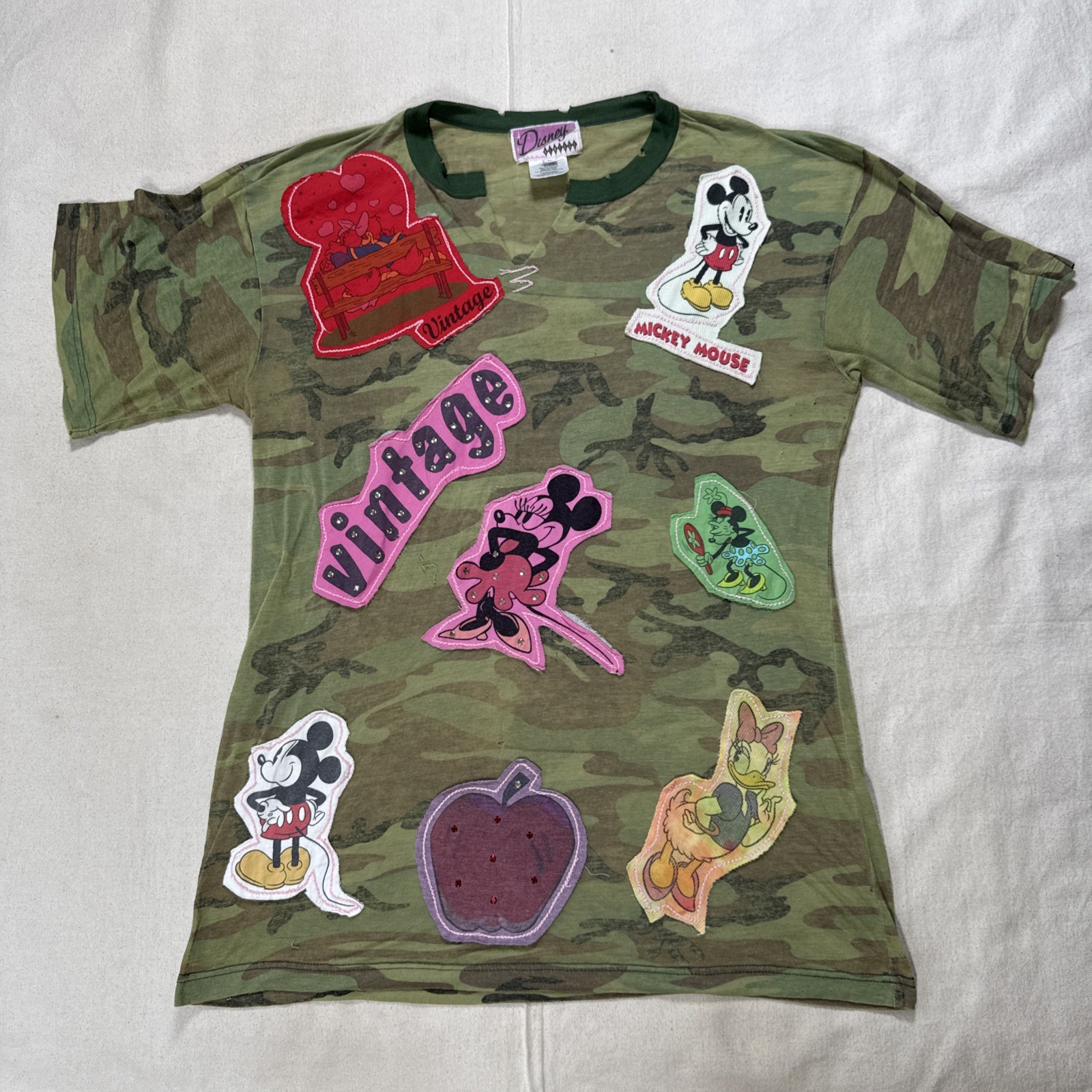 Vtg Y2K Disney Jackie Brander Sz Mickey Minnie AOP Patchwork Camo Shirt