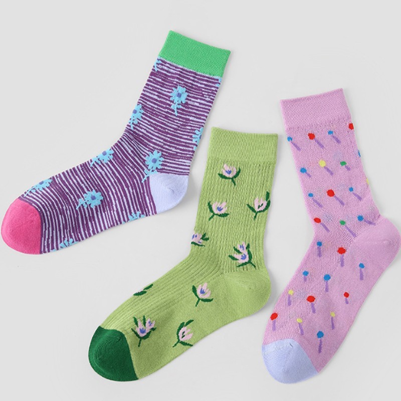 3-Pair Pack of Macaron Color Mid-Calf Socks, Breathable Thin Mesh Socks