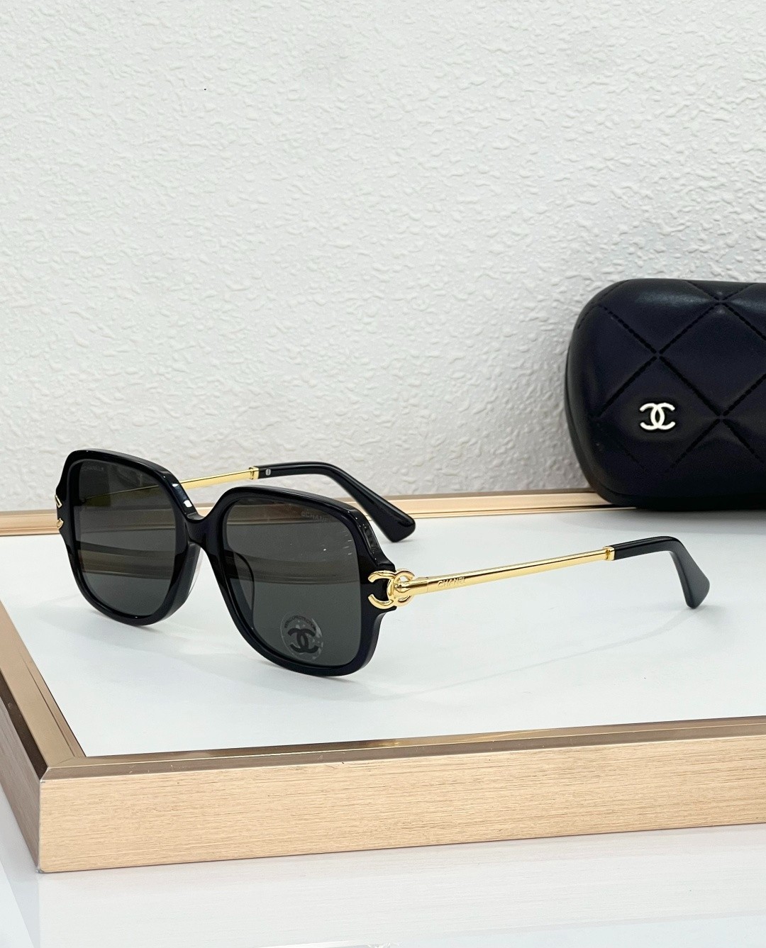 CHANEL CH3516 Black Square Sunglasses Gray Lenses Gold CC Logo 53-17-140
