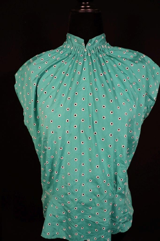 Vintage 1950\'s French Green Cotton Blouse White Eyelet Size Large Excellent Cond