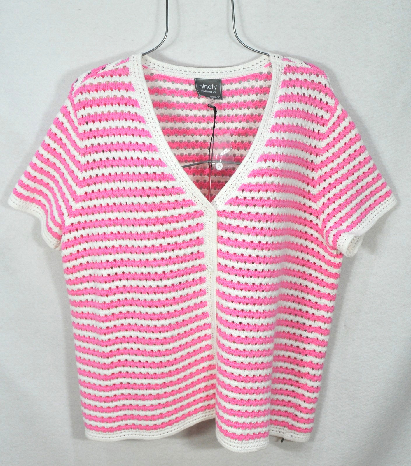 Ninety Clothing Co Womens 1X Pink Stripe Short Sleeve Knit Cardigan Sweater NWT