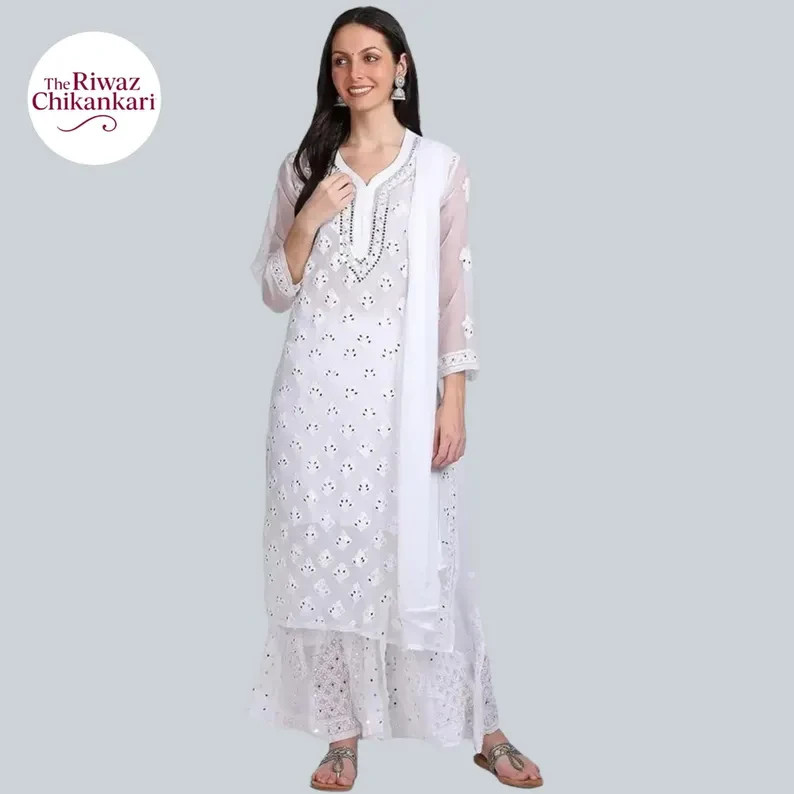 White Chikankari Kurti Hand Embroidered Women Long Mirror work Kurta For Women