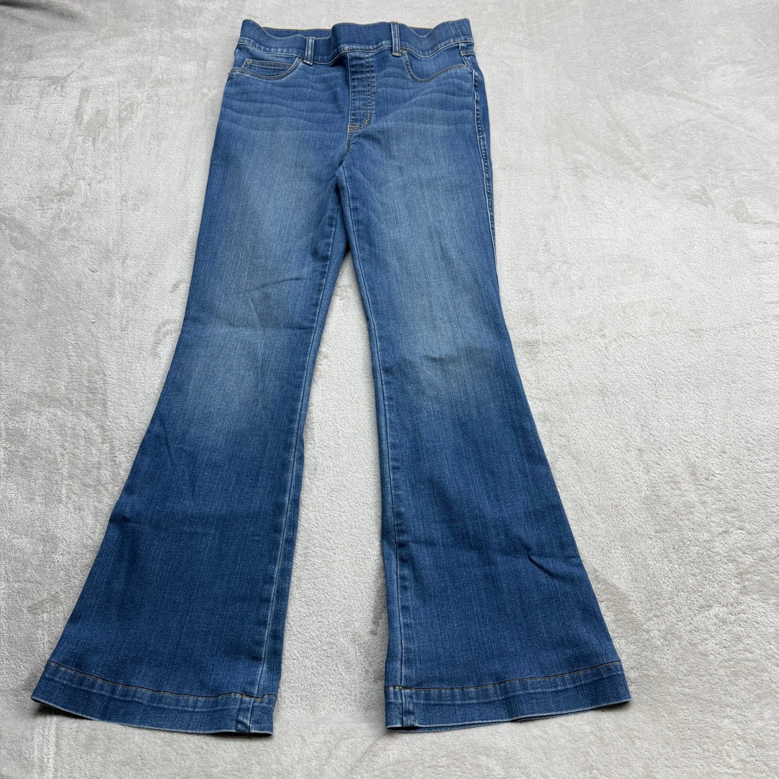 Spanx Flare Jeans Women Large Blue Vintage Indigo Pull On Hi Rise Retro 70s Chic