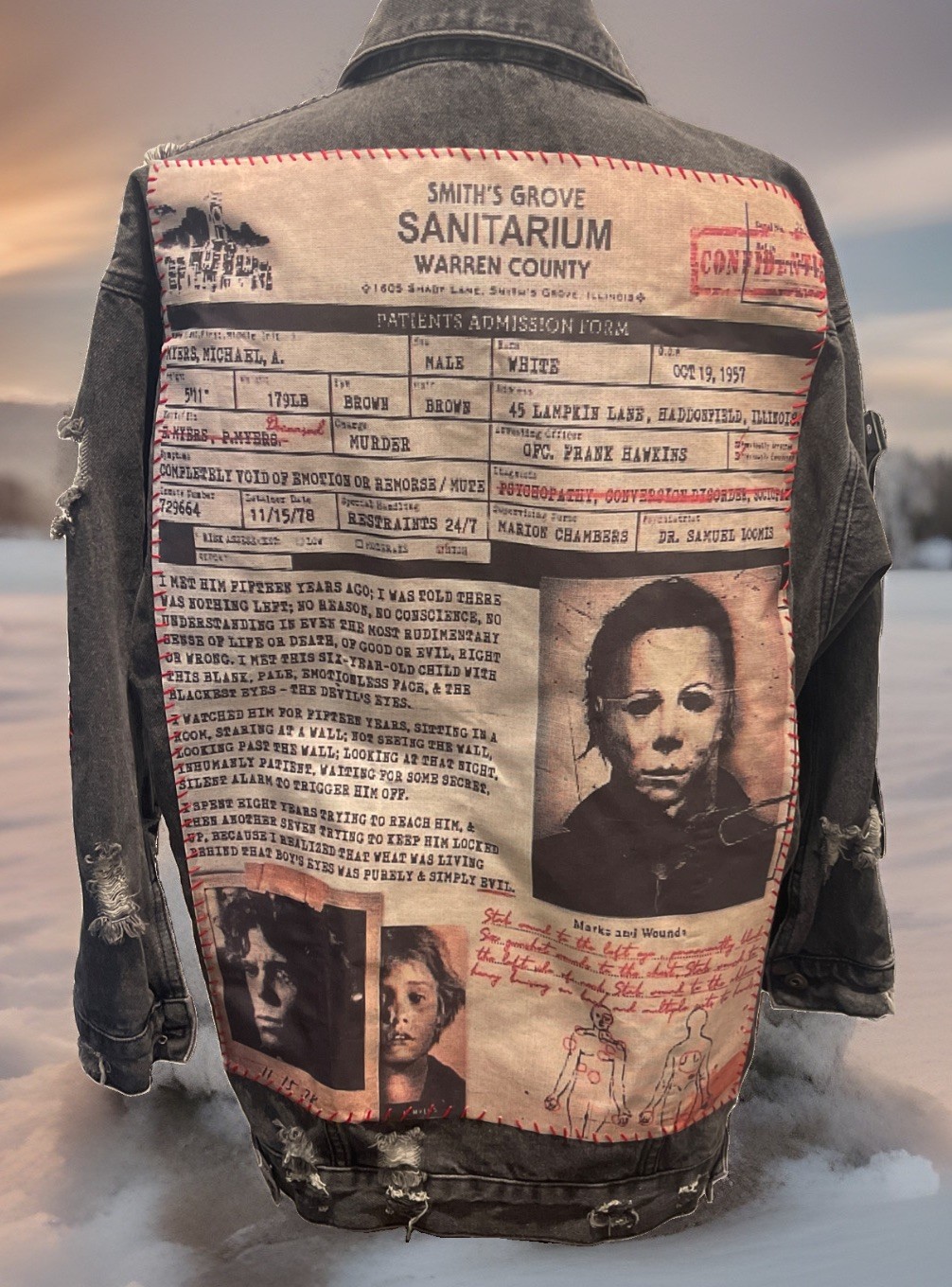 Michael Myers Halloween Upcycled Denim Jacket Hand Stitched Horror One of a Kind