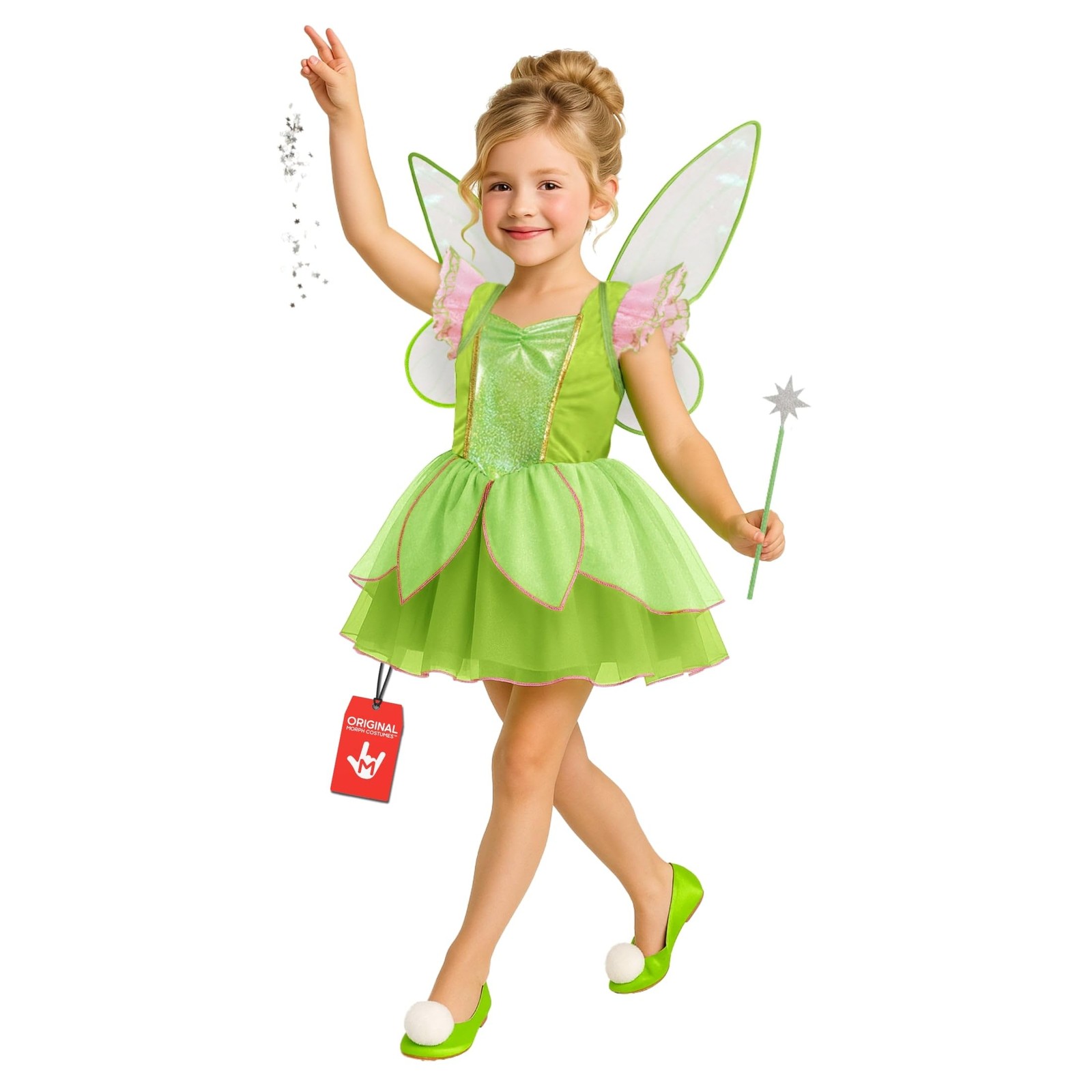 Morph Girls Tinker Bell Costume Kids Green Fairy Dress + Wings Wand Halloween