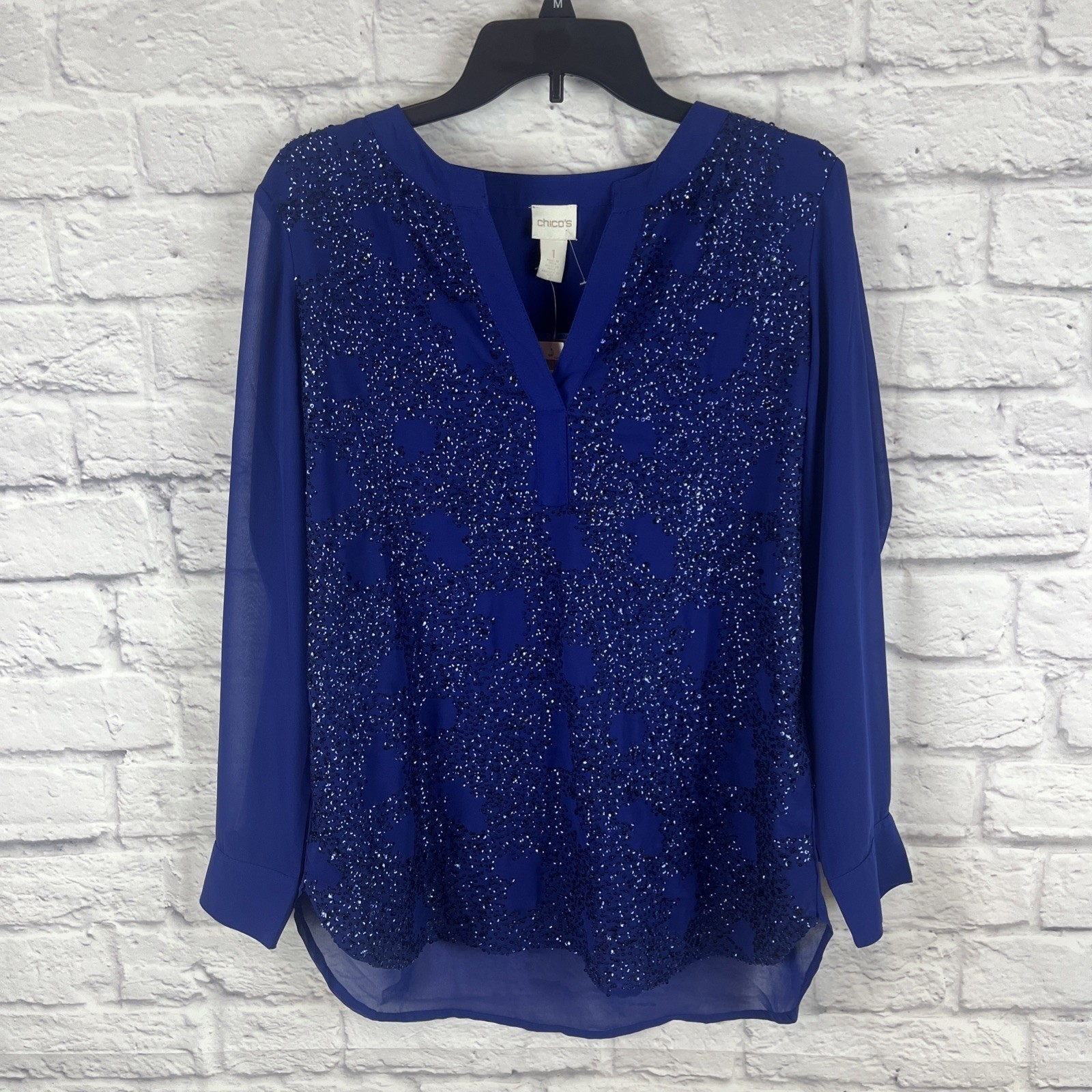 Chico\'s NWT Glam Old Money Blue Sequin Sheer Sleeve Blouse Festive Evening