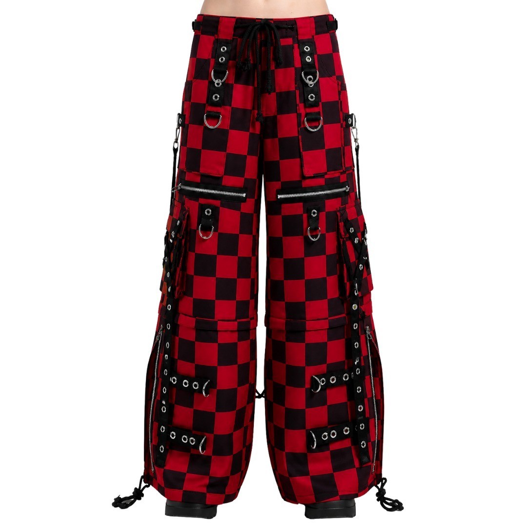 Men's Cyber Goth Cargo Shorts Red Black Checkered Bondage Straps Wide Leg Punk