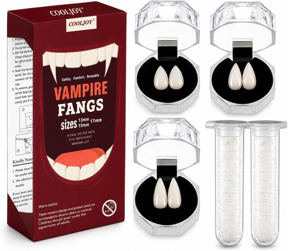 Vampire Teeth Fangs with Adhesive 3 Sizes Halloween Cosplay