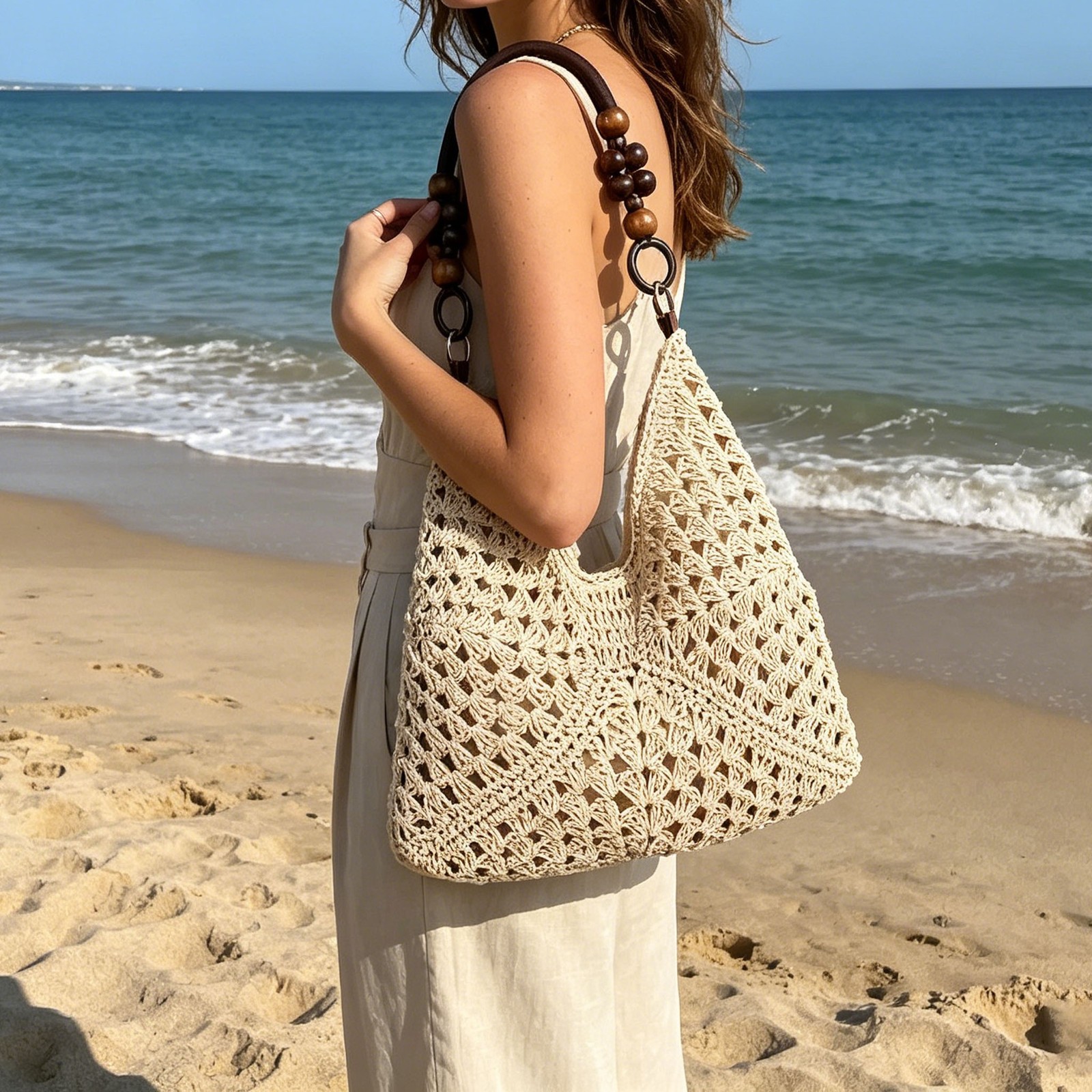 FAXHION New Openwork Knitted Bag, Large Capacity Women\'s Woven Beach Bag, Plaid