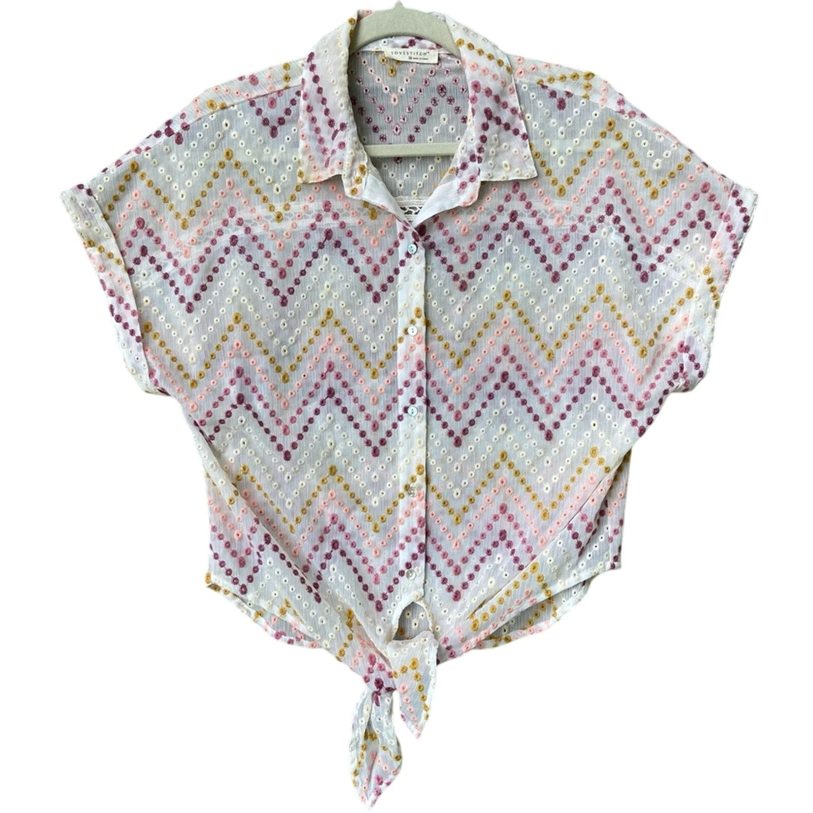 New Lovestitch Womens Medium Zigzag Sheer Embroidered Eyelet Front Tie Blouse