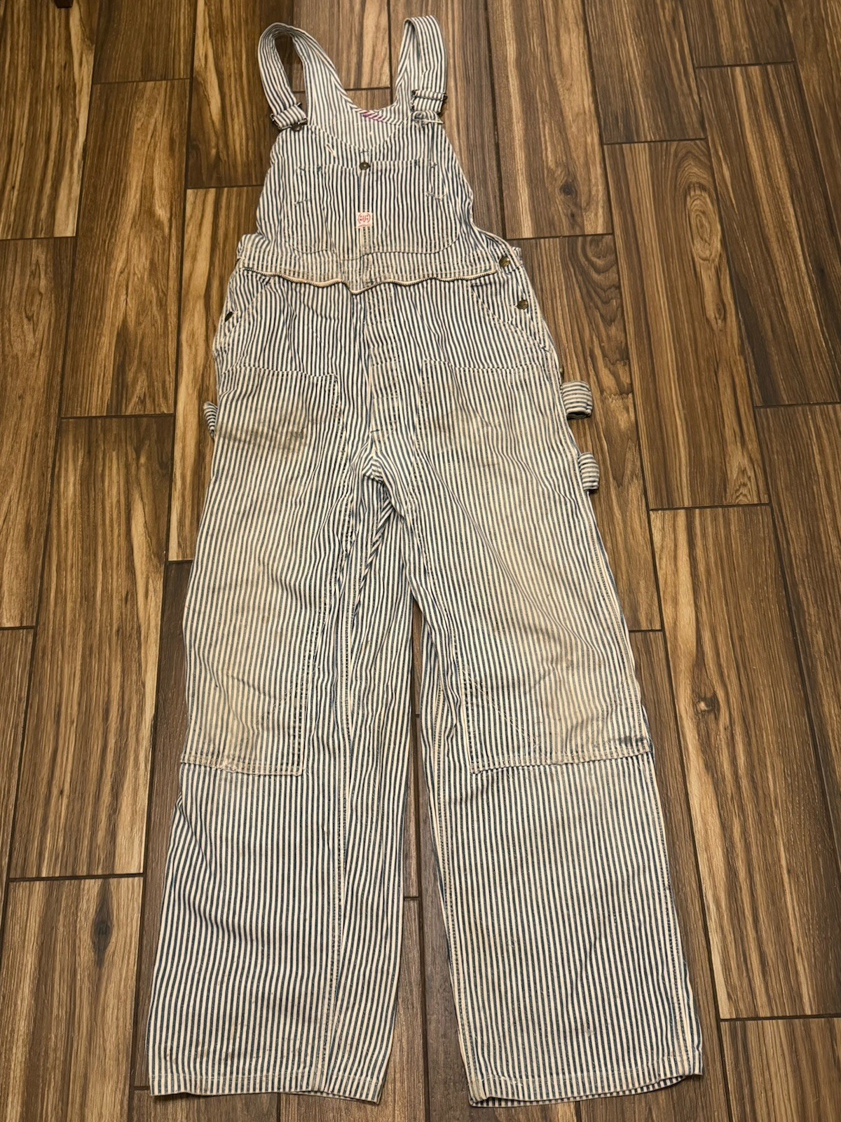 Vintage 1950s TUF NUT Sanforized Hickory Stripe Railroad Bib Overalls 35x30 USA