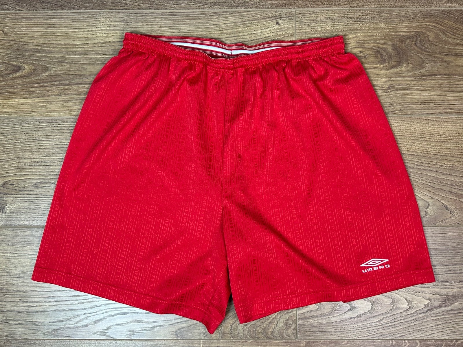 Vintage Umbro Y2K Red Monogram Jacquard Soccer Shorts Drawstring Jersey XXL XL