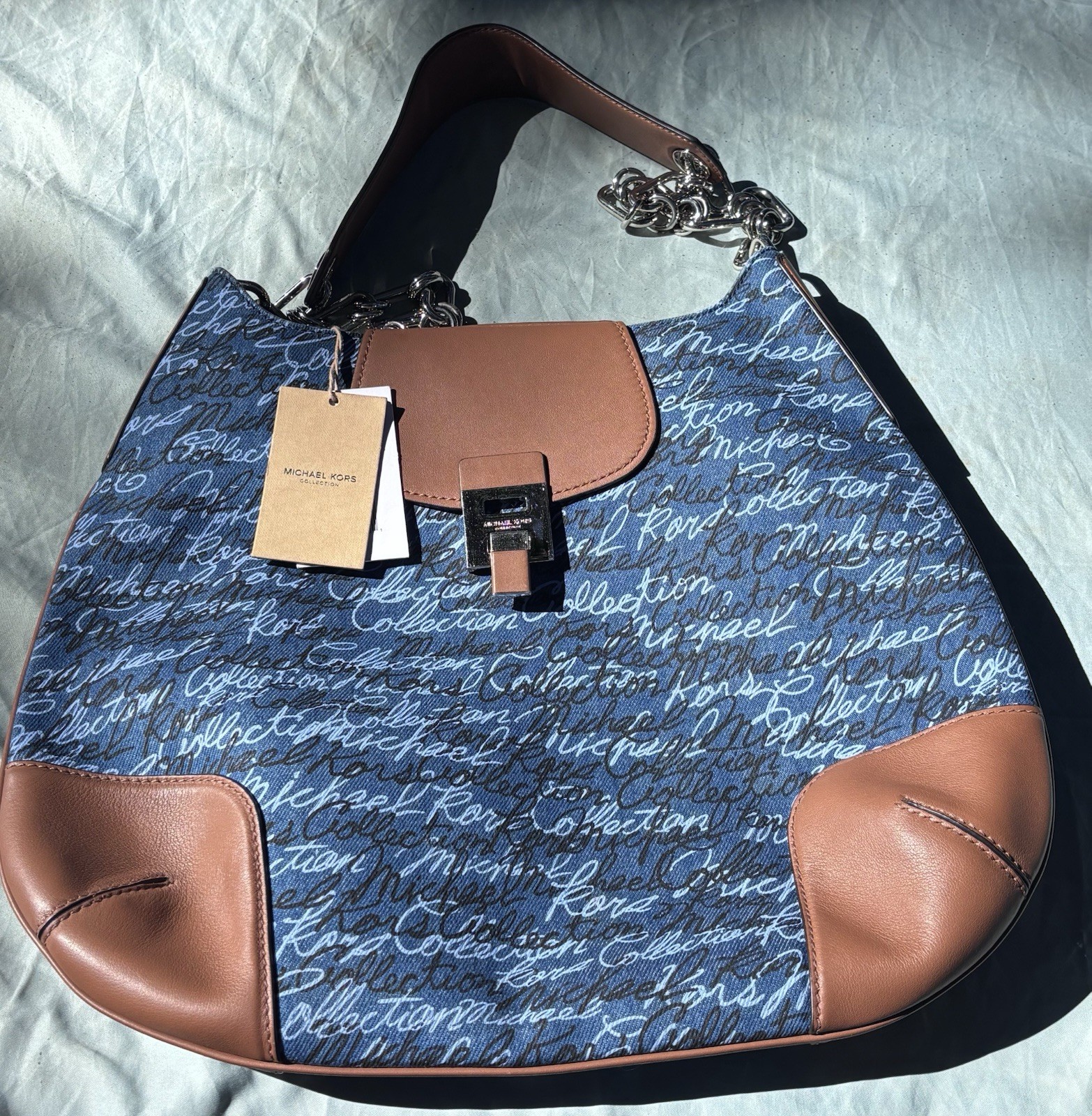 Popular  New Michael Kors Collection Blue Logo Shoulder Bag w/ Chain Strap/