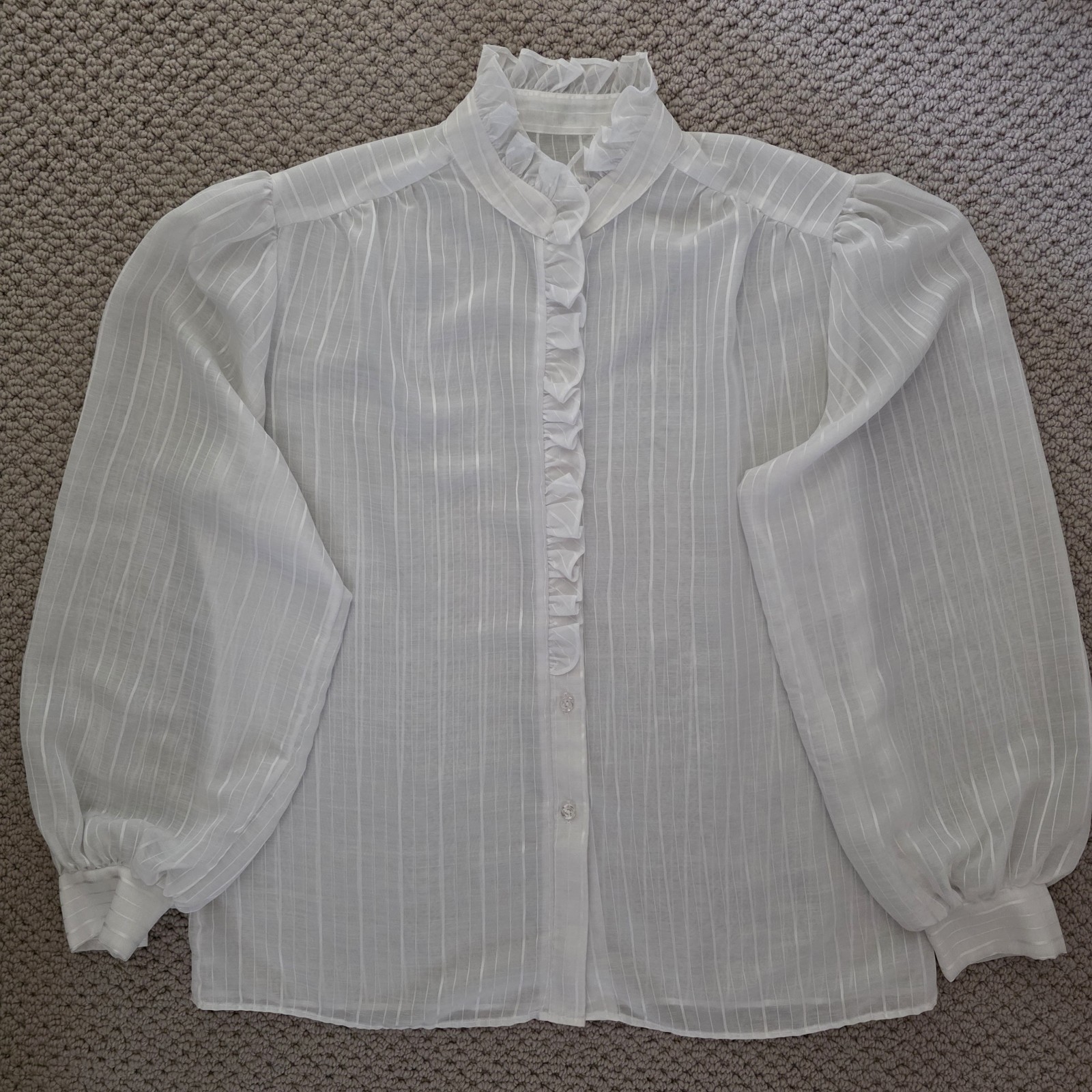 Vintage 1970s / 1980s Sheer White Shadow Stripe Ruffled High-Neck Blouse