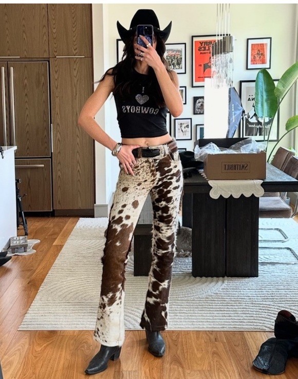 NYRVA Cowhide Pants Flare Cow Print Jeans Animal Print Real Fur Rawhide Sz 30