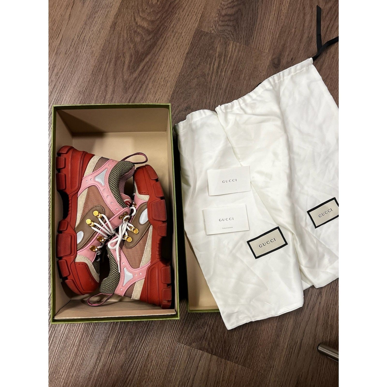 Gucci Flashtrek Chunky Sneakers Pink Olive Mesh Leather Womens Size 37 / US 7